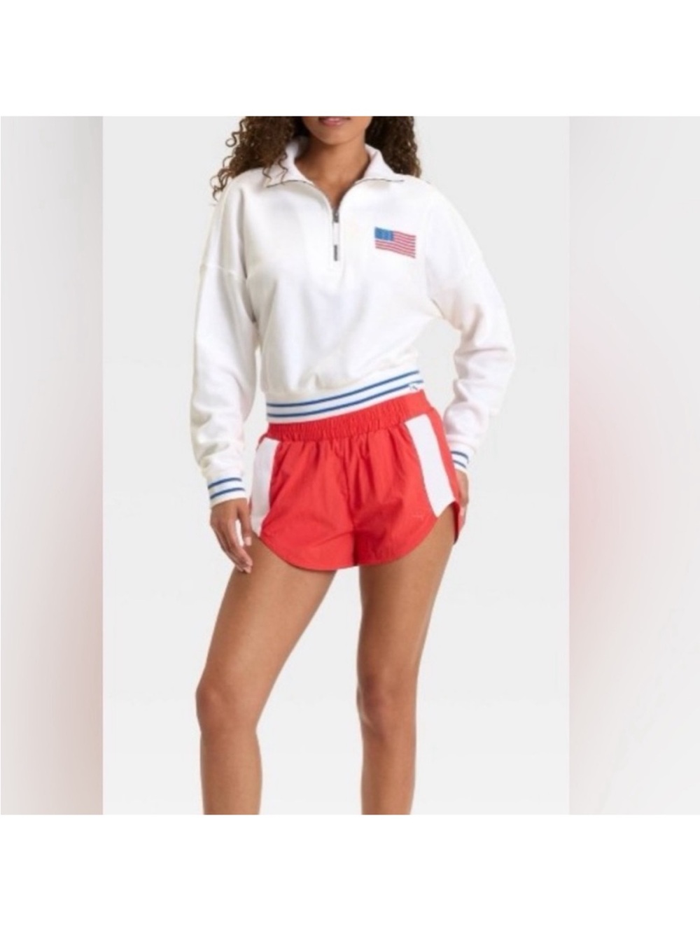 JoyLab White Quarter-Zip Sweatshirt with Flag Patch and Blue-Trim - Picture 3 of 5